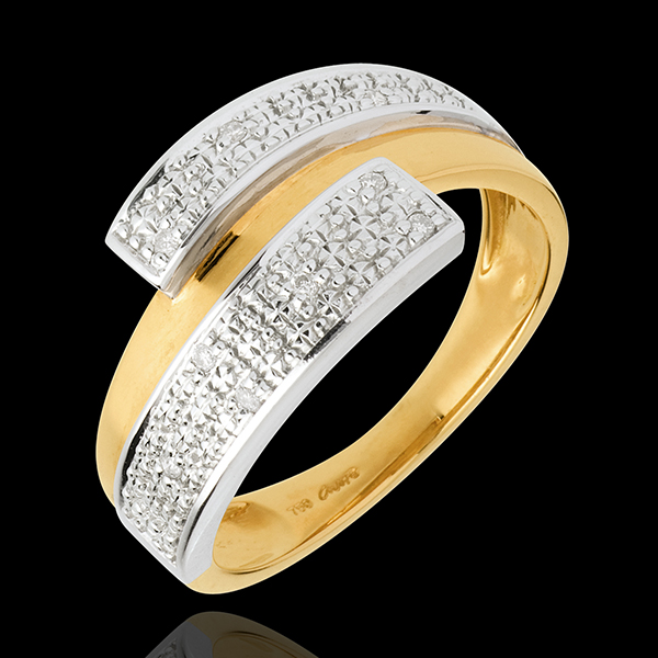 Anillo Doble Hemisferio - oro amarillo y oro blanco empedrado 18 quilates