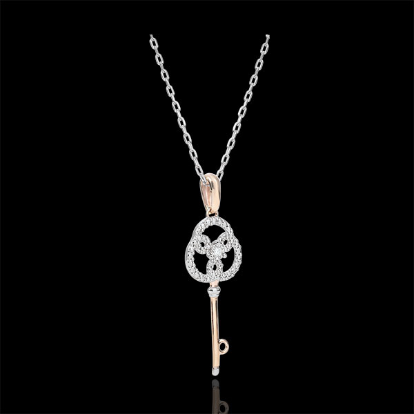 Hanger roségoud en witgoud met diamanten - Sleutel van de eeuwigheid - Met witgouden ketting - 9 karaat goud