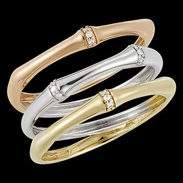 Ring Heiliger Urwald, 3-reihig, mehrere Diamanten - drei Goldarten, 18 Karat