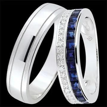 Horizon & Zodiaque Couple Wedding Bands Duo – White Gold, Sapphires and Diamonds – 18 Carat