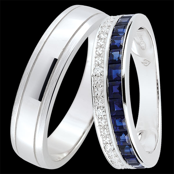 Horizon & Zodiaque Dubbels Fijn Trouwringen – Witgoud, Saffieren en Diamanten – 9 karaat