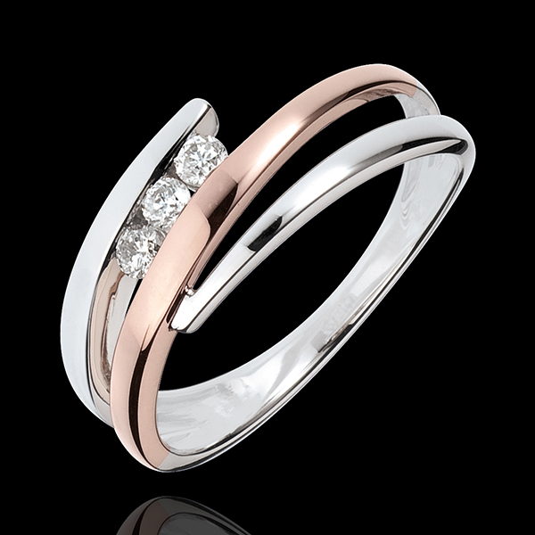 Inel de logodnă Cuib Preţios - Trilogie de diamante - 3 diamante - aur alb şi aur roz de 18K