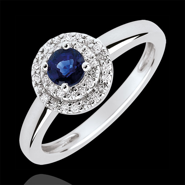 Inel de logodnă Destin - Double halo - safir 0.3 carate şi diamante - aur alb de 18K