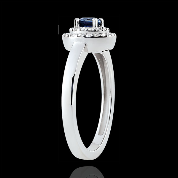Inel de logodnă Destin - Double halo - safir 0.3 carate şi diamante - aur alb de 18K