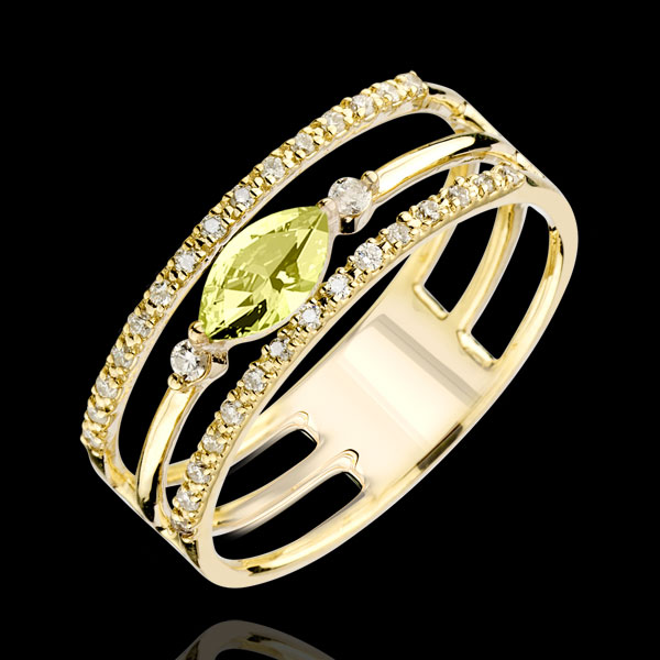 Inel Privire din Orient - model mare - peridot şi diamante - aur galben de 9K