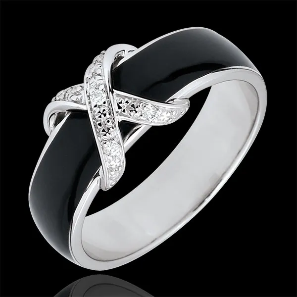 Bague Clair Obscur - Croisée laque noire et Diamants - or blanc 18 carats
