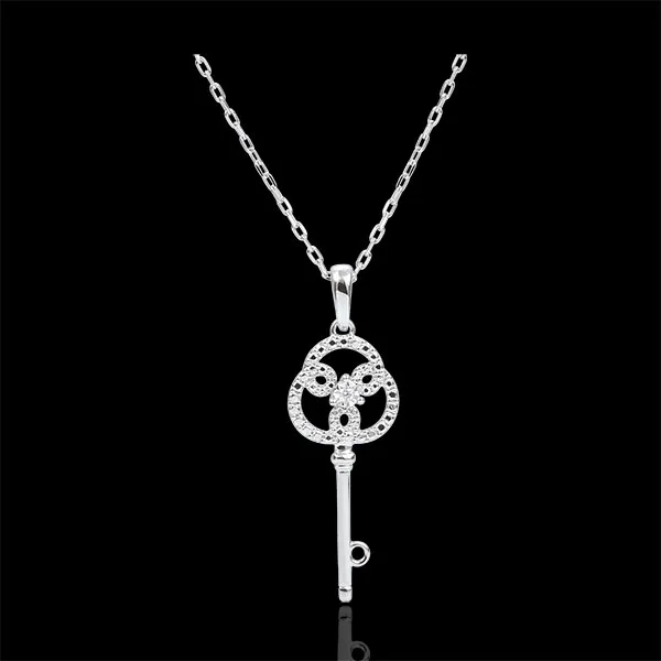 Pendentif or blanc 9 carats et diamants - Clé d'éternité - avec chaîne or blanc 9 carats