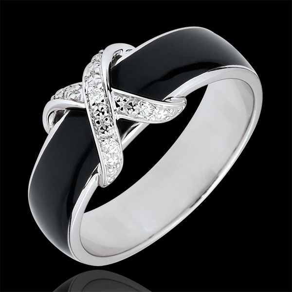Ring Clair Obscure - black lacquer Cross and diamonds - 18 carat