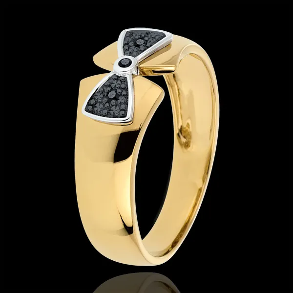 Anello Fiocco Amelie - Oro giallo e Oro bianco - 9 carati - 3 Diamanti neri