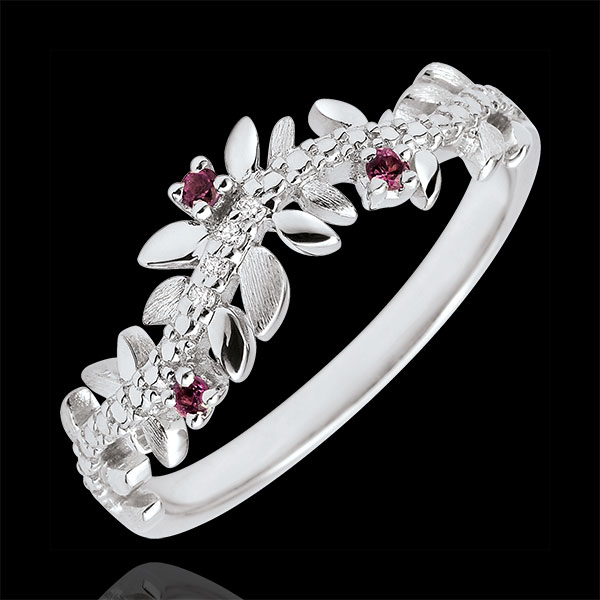 Anillo Jardìn Encantado - Follaje Real - oro blanco 9 quilates - diamantes e rhodolites - 