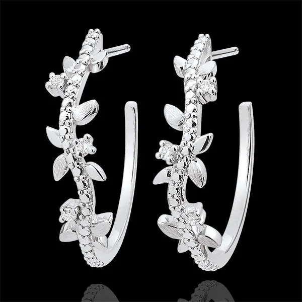 Boucles d'oreilles créoles Jardin Enchanté - Feuillage Royal - or blanc 9 carats et diamants