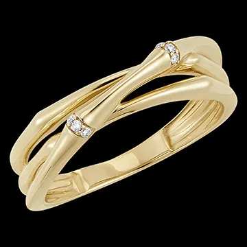 Anillo Jungla Sagrada 2 hileras entrelazadas de multi diamantes- oro amarillo de 9 quilates