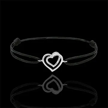 Armband Omarmende Harten witgoud met diamanten - Zwart koord - 9 karaat goud