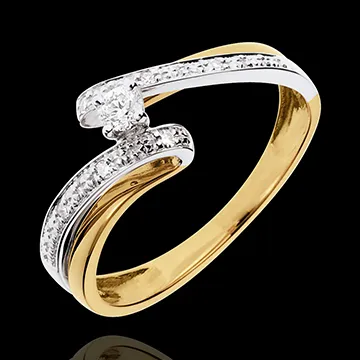 Solitärring Kostbarer Kokon - Sonnensystem -Weiß-und Gelbgold - Diamant 0.08 - 18 Karat