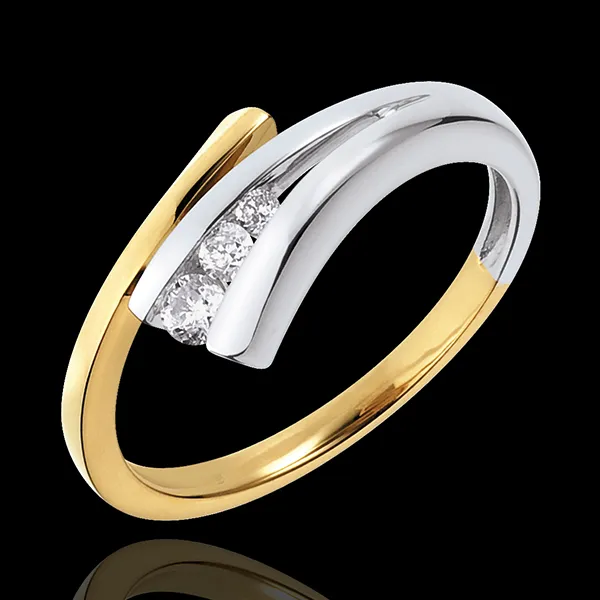 Trilogie-Ring Goldener Fisch - Gelbgold und Weissgold mit 3 Diamanten
