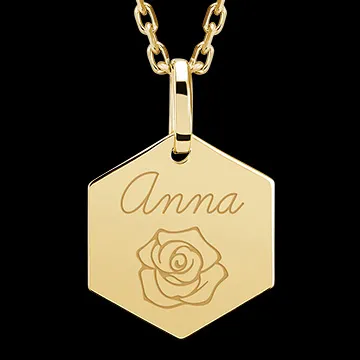 Medalion hexagonal gravat - aur galben de 9 carate - Colecția Lovely Yours - Edenly Yours