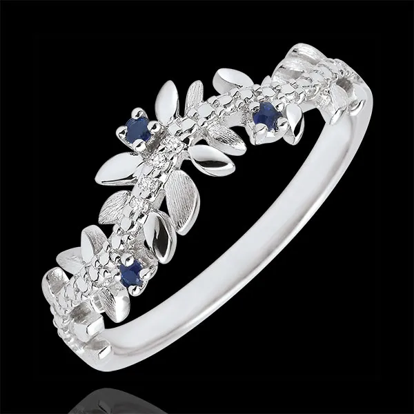 Ring Magische Tuin - Gebladerte Royal - 9 karaat witgoud, Diamant en Saffieren - 9 karaat