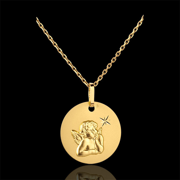 Médaille Ange Raphaël à l'étoile 16mm - or jaune 18 carats