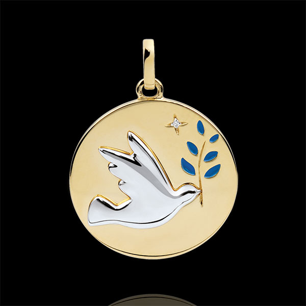 Médaille Colombe au rameau - Laque bleu - 1 Diamant - or blanc et or jaune 18 carats