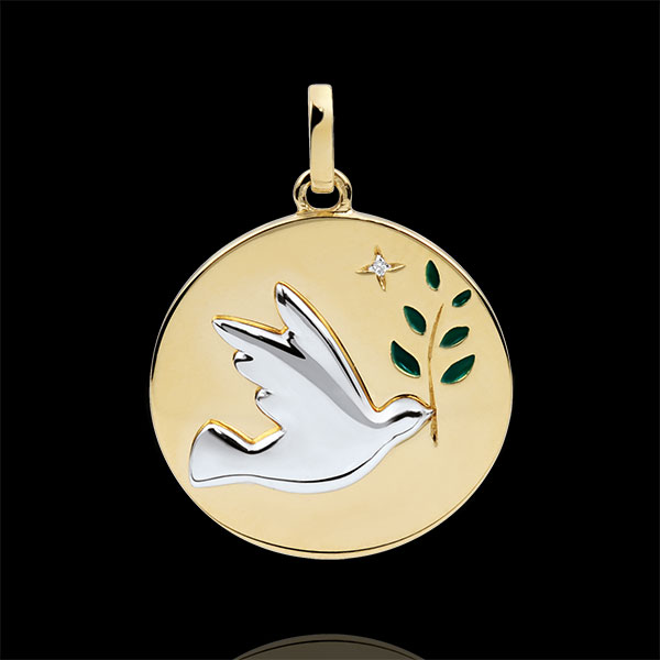 Médaille Colombe au rameau - Laque verte - 1 Diamant - or blanc et or jaune 18 carats