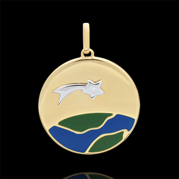 Médaille Une Etoile est née - Laque verte et bleue - 1 Diamant - or blanc et or jaune 9 carats