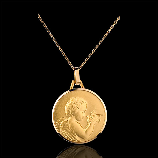Medalik z aniołem niosącym ptaka 20 mm - złoto żółte 18-karatowe