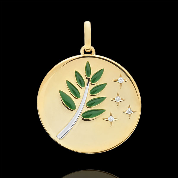 Medalla Rama de Olivo - Laca Verde - 4 Diamantes - 9 quilates