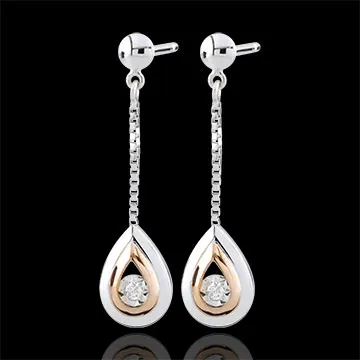 Boucles d'oreilles Larmes d'antilope - pendantes or blanc et or rose 9 carats
