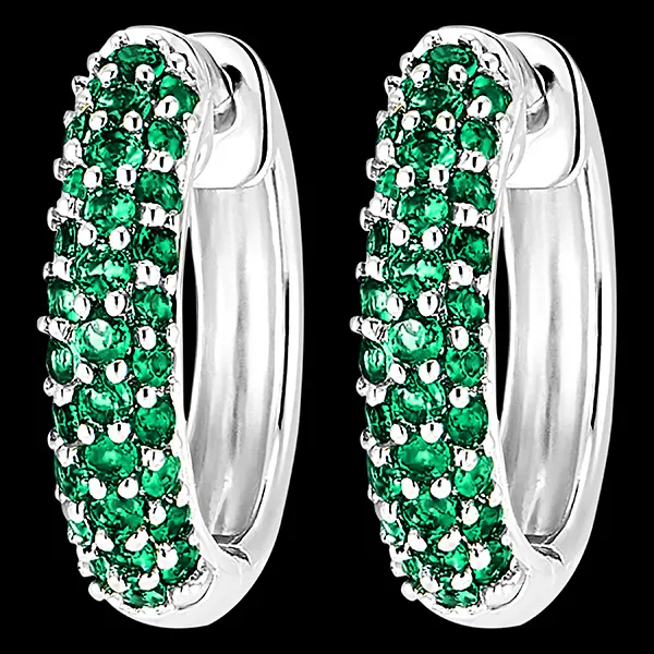 Boucles d'Oreilles Oiseau de Paradis - Créoles émeraudes - or blanc 9 carats
