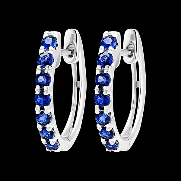 Créoles Oiseau de Paradis - semi pavées - or blanc 9 carats et saphirs