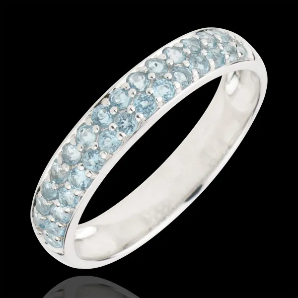 Bague Oiseau de Paradis - deux rangs - or blanc 9 carats et topaze bleue