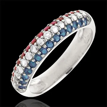 Bague Drapeau français - or blanc 9 carats, diamants et pierres précieuses