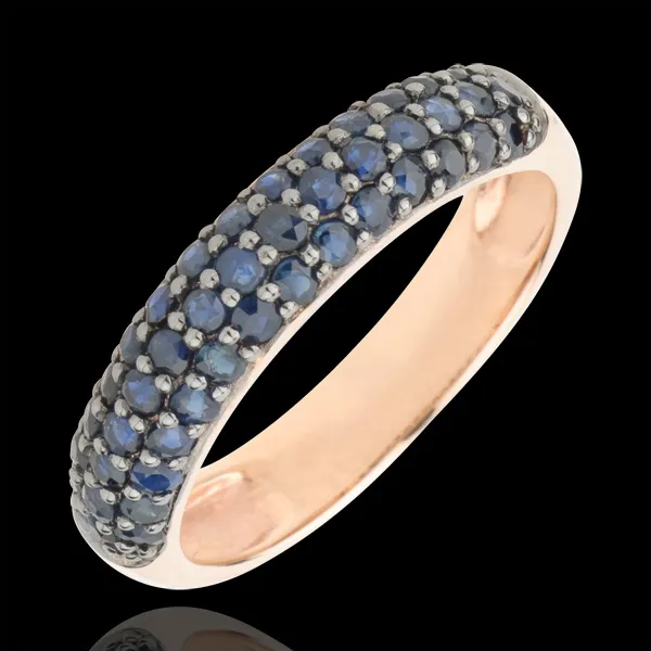Bague Oiseau de Paradis - trois rangs - or rose 9 carats et saphir bleu