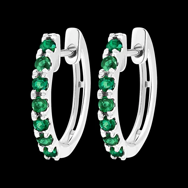 Créoles Oiseau de Paradis - semi pavées - or blanc 9 carats et émeraudes