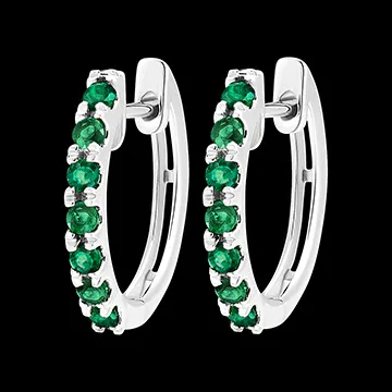 Créoles Oiseau de Paradis - semi pavées - or blanc 9 carats et émeraudes