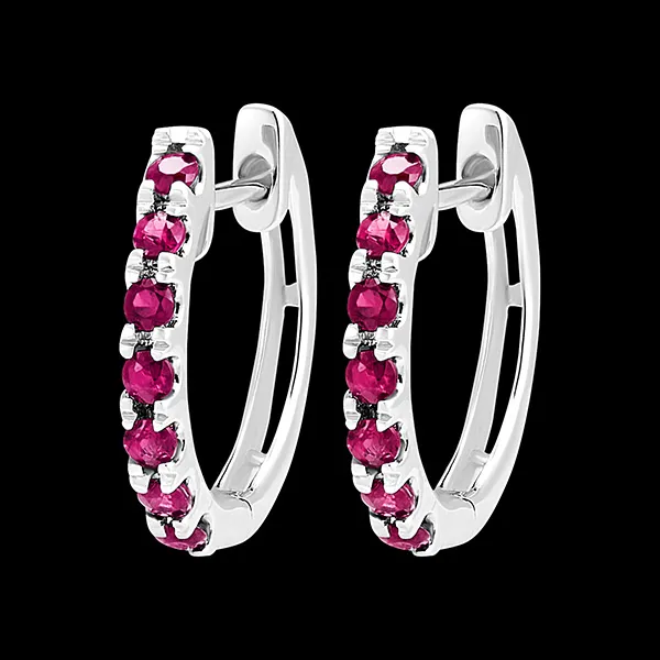 Hoop Earrings Bird of Paradise - semi-paved - 9 carat white gold and rubies