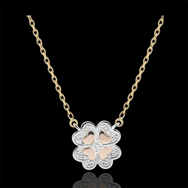 Halsketting Ontluiking - 9 karaat 3 goudkleuren en Diamanten - Fonkelende Klaver