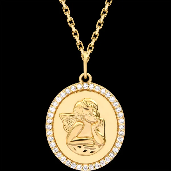 Medalla de bautizo con Ángel músico – Oro amarillo de 9 quilates y diamantes sintéticos