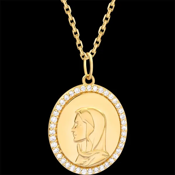 Medalla de la Virgen María – Oro amarillo 9 quilates y diamantes sintéticos