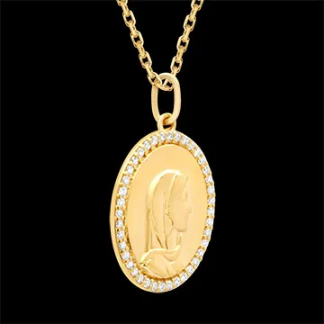 Medalla de la Virgen María – Oro amarillo 9 quilates y diamantes sintéticos