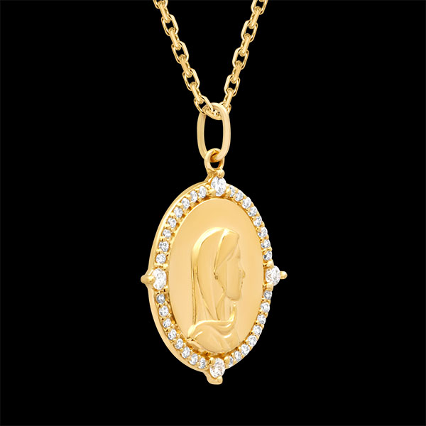 Medalla ovalada de bautizo Virgen María engastada – Oro amarillo de 9 quilates y diamantes sintéticos