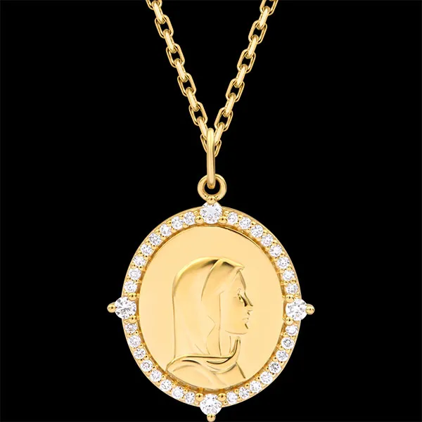 Medalla ovalada de bautizo Virgen María engastada – Oro amarillo de 9 quilates y diamantes sintéticos