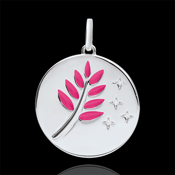 Medalla Rama de Olivo - Laca Rosa - 4 Diamantes - 9 quilates