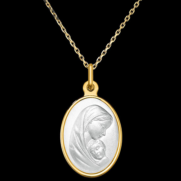 Médaille Vierge Protectrice Ovale – Or Jaune 18 carats et Nacre