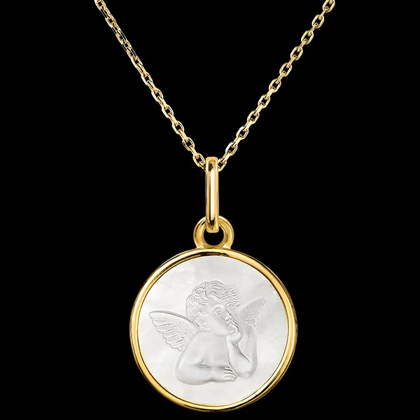 Médaille L’Ange Songeur – Or Jaune 18 carats et Nacre