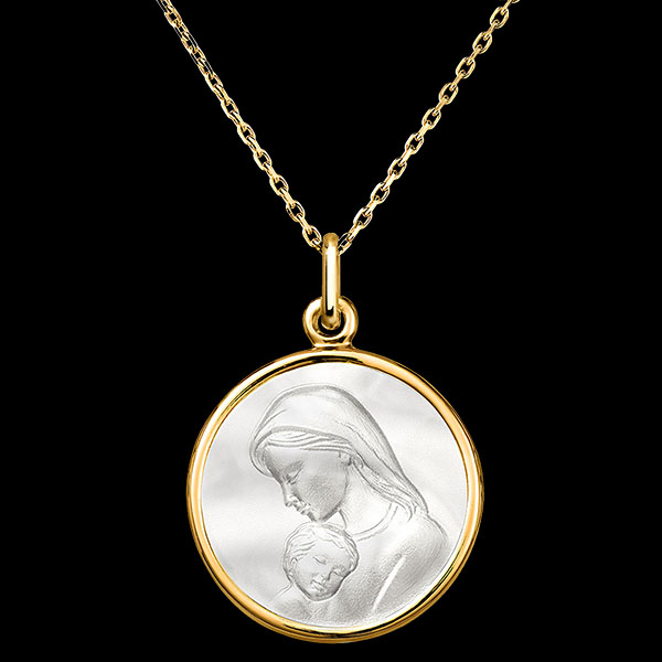 Médaille Vierge Marie et Enfant – Or Jaune 18 carats et Nacre