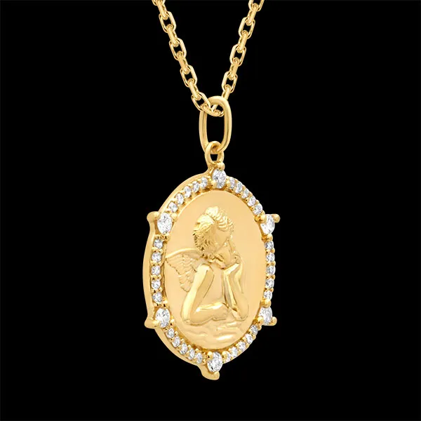 Medaglia battesimale Vergine Maria incastonata – Oro giallo 9 carati e diamanti sintetici