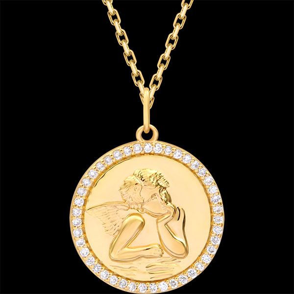 Medaglia rotonda con Angioletto illuminato – Oro giallo 18 carati e diamanti sintetici