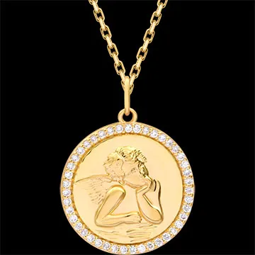 Medaglia rotonda con Angioletto illuminato – Oro giallo 18 carati e diamanti sintetici