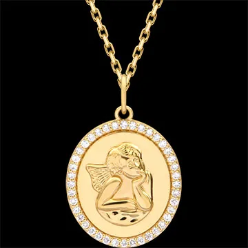 Medaglia per battesimo con Angelo musicista – Oro giallo 18 carati e diamanti sintetici